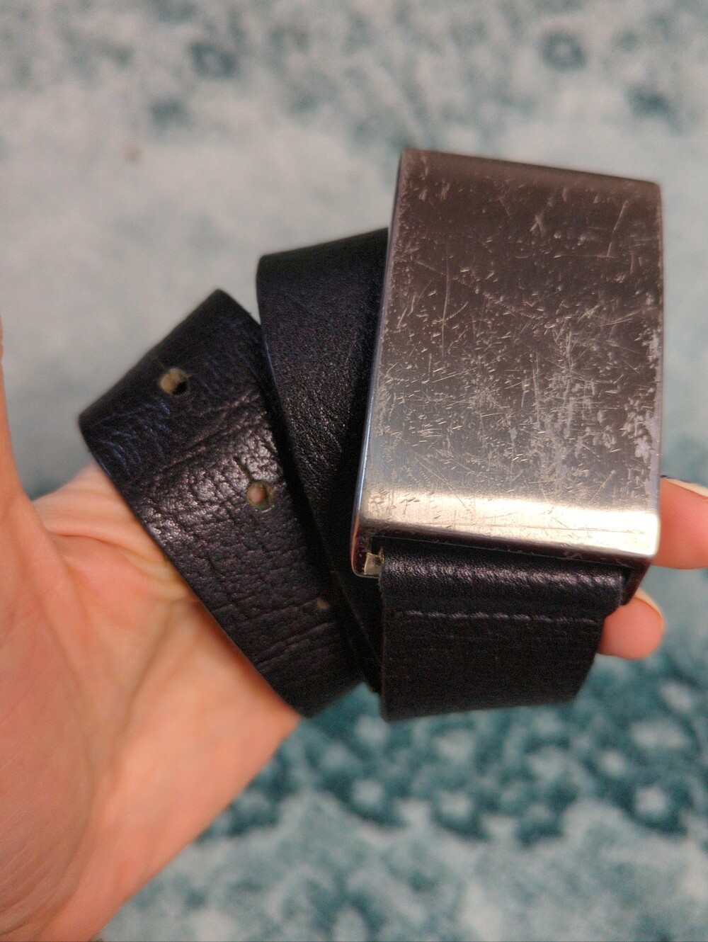 Vintage Banana Republic Men's Black Leather Plaque Buckle Belt - Made in Turkey